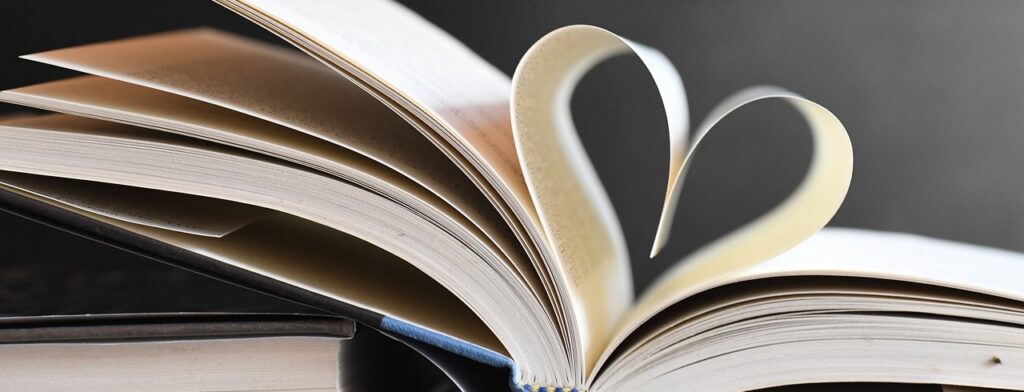 books, heart, pages